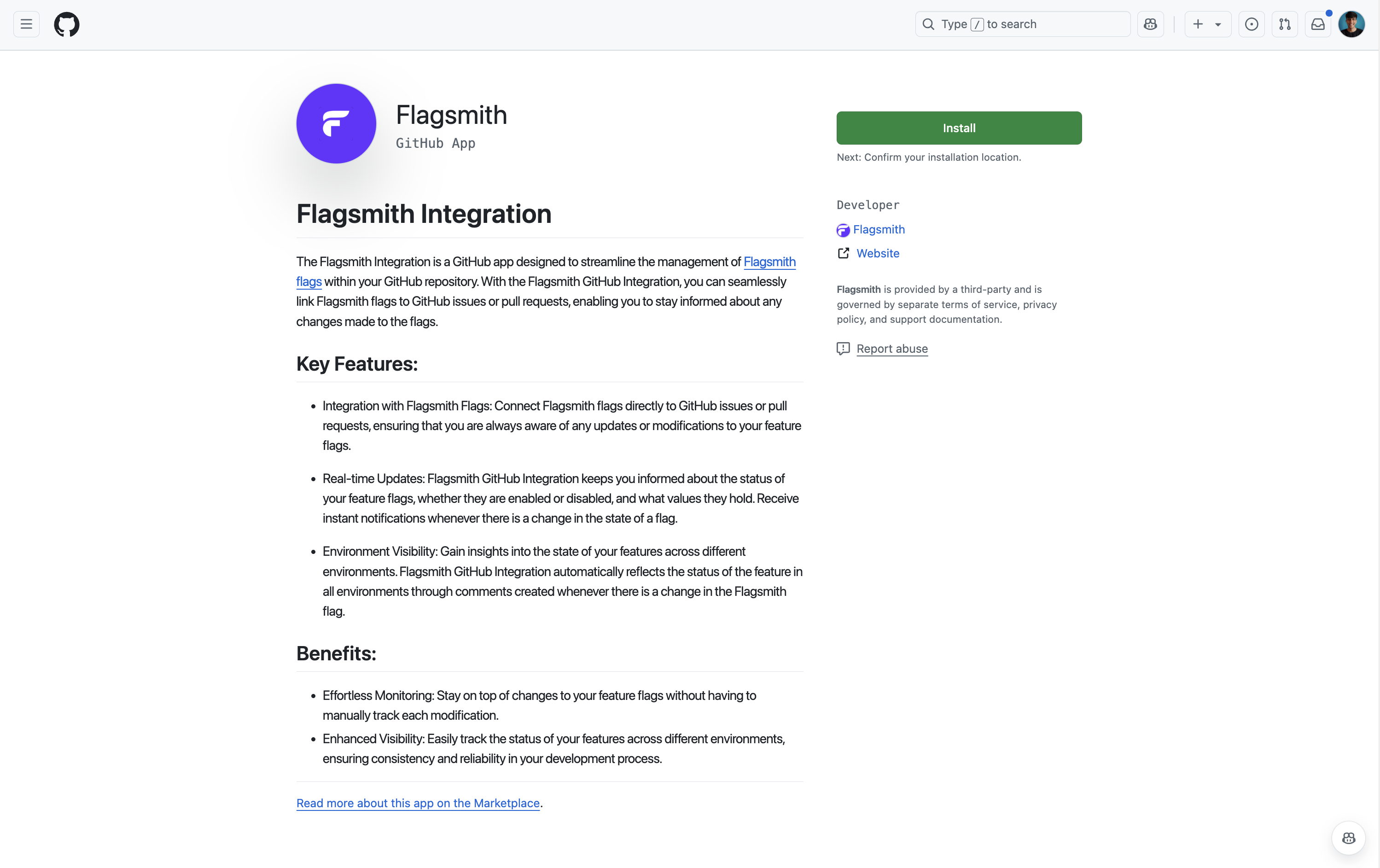 Screenshot of the Flagsmith GitHub app integration page, detailing its features and benefits, with an option to install the app.