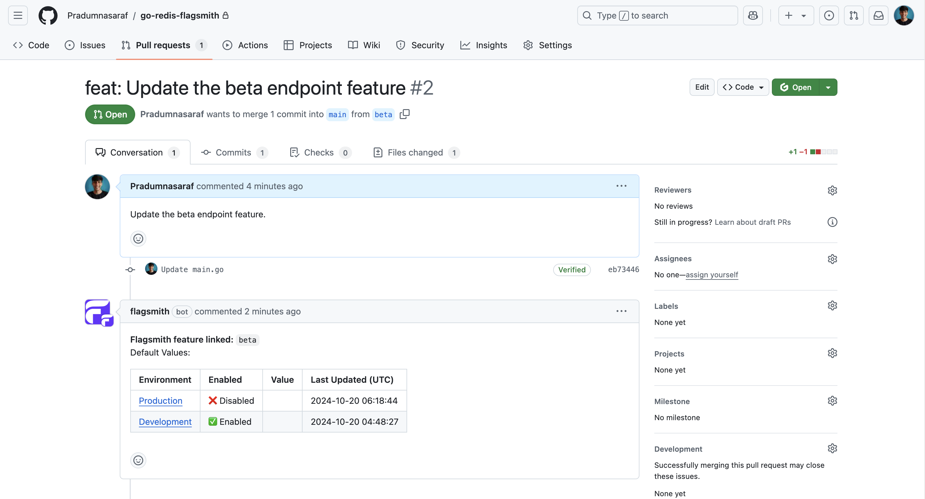 GitHub pull request page showing a request titled "feat: Update the beta endpoint feature #2" to merge a commit from the "beta" branch into "main". It includes a user comment about the update and a Flagsmith bot comment showing feature status for production and development environments. The pull request is open, with no reviews yet.