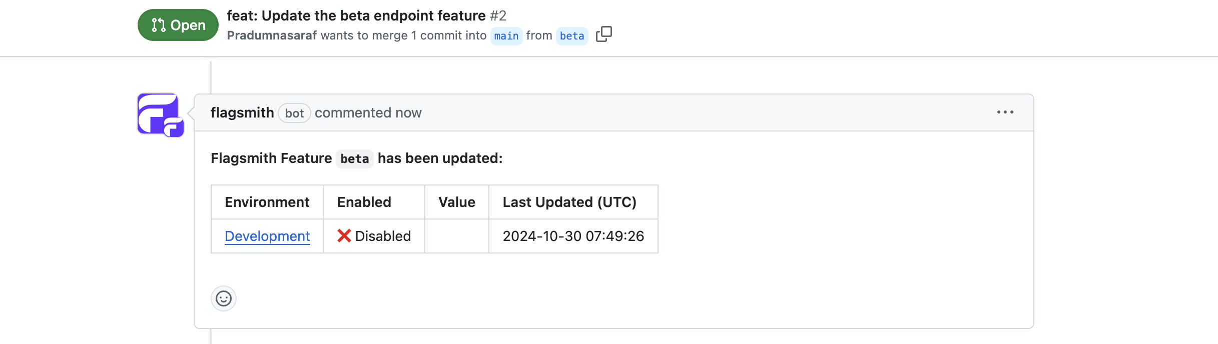 Image showing a GitHub pull request interface. The pull request is titled "feat: Update the beta endpoint feature #2" and shows an update from the flagsmith bot indicating that the "beta" feature for the "Development" environment is currently disabled.