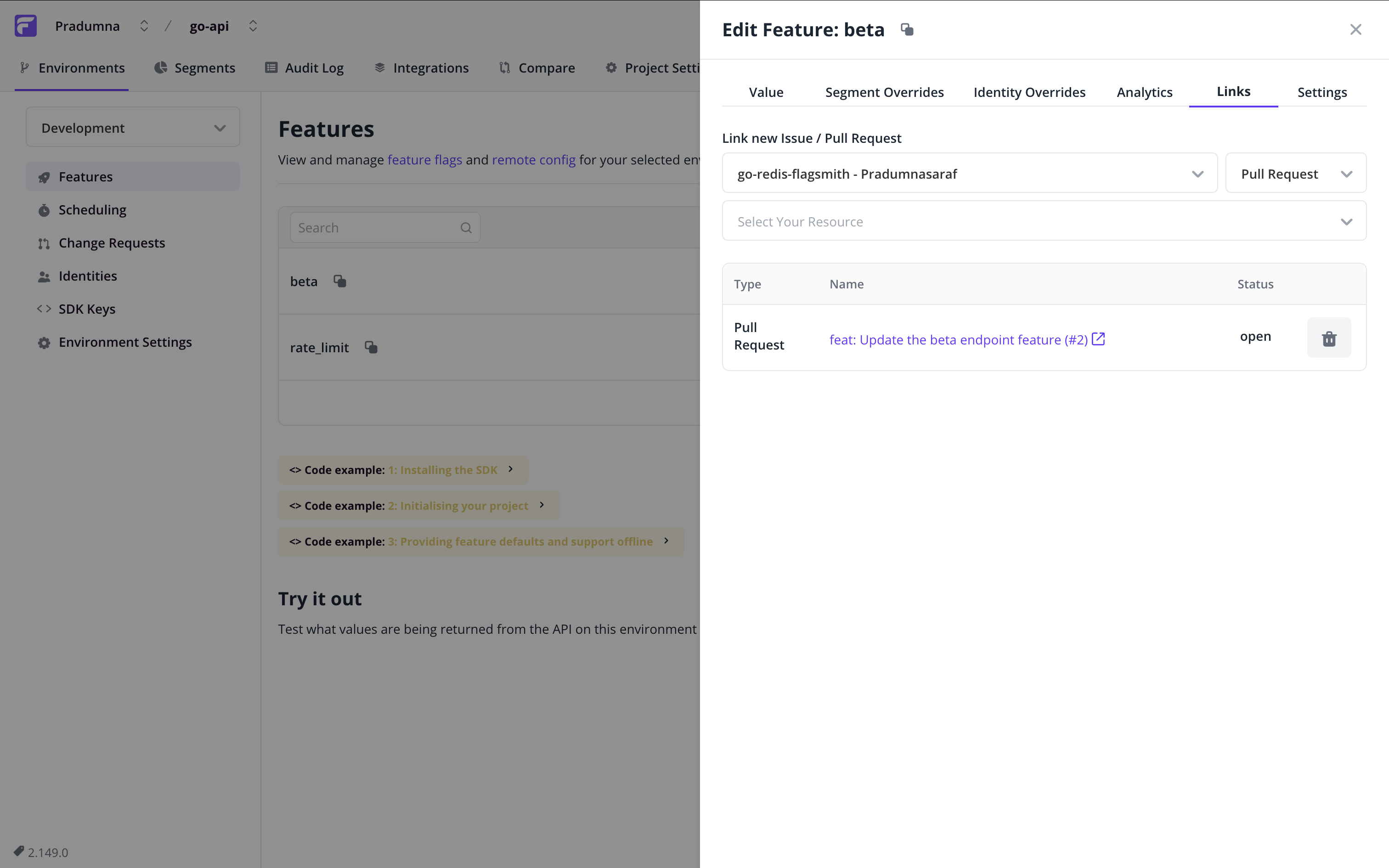 A screenshot of a development environment interface showing the "Features" section, with a sidebar menu on the left. The "Edit Feature: beta" panel is open on the right, displaying options to link an issue or pull request and a listed pull request titled "feat: Update the beta endpoint feature (#2)" with its status marked as open.