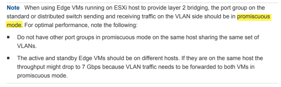 Instructions for using Edge VMs on an ESXi host with Layer 2 bridging. It emphasizes setting the VLAN side port group to promiscuous mode and includes recommendations for performance regarding the use of other port groups and VM host placement.