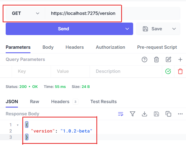 Screenshot of Hoppscotch shows that a was call made to the /version endpoint of an API running locally (on localhost). The result was a JSON document containing a "version" property whose value is the API's SemVer version number of "1.0.2-beta".