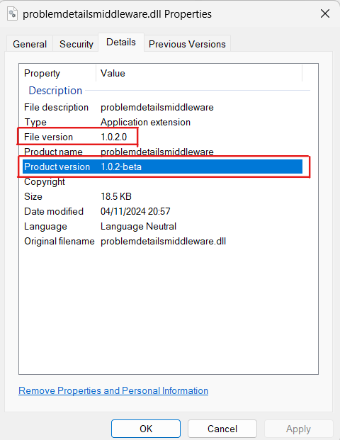 Properties Dialog for a compiled .NET DLL in Windows File Explorer. It shows the DLL's "File Version" attribute with value "1.0.2.0" and its "Product version" attribute with value "1.0.2-beta"