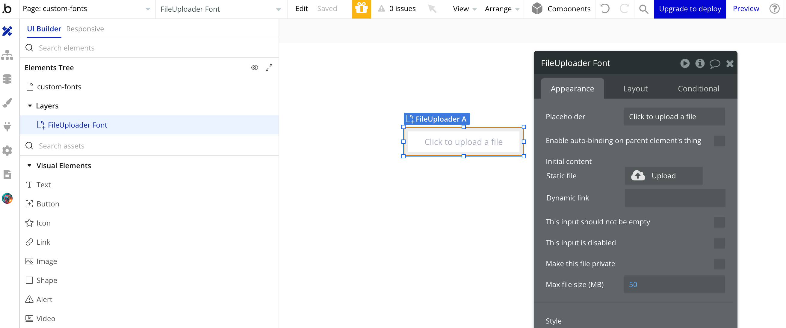 A user interface showing a file uploader setup in a design editor. The sidebar features options for customizing the "FileUploader Font" element, including a placeholder text, upload button, and file settings.