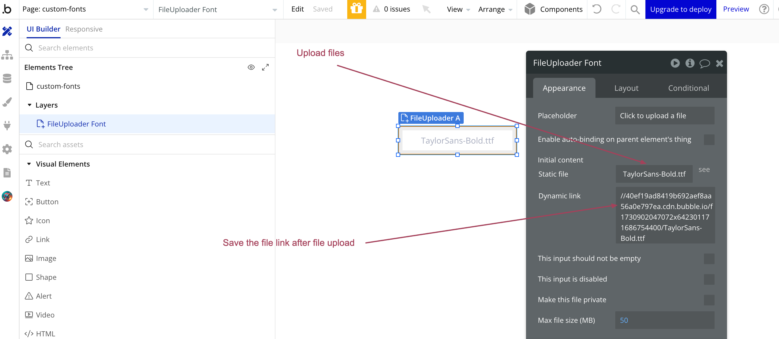 Screenshot of a UI Builder showing the process of uploading a font file named "TaylorSans-Bold.ttf". The image includes the file uploader component, its properties panel, and instructions to upload files and save the file link.