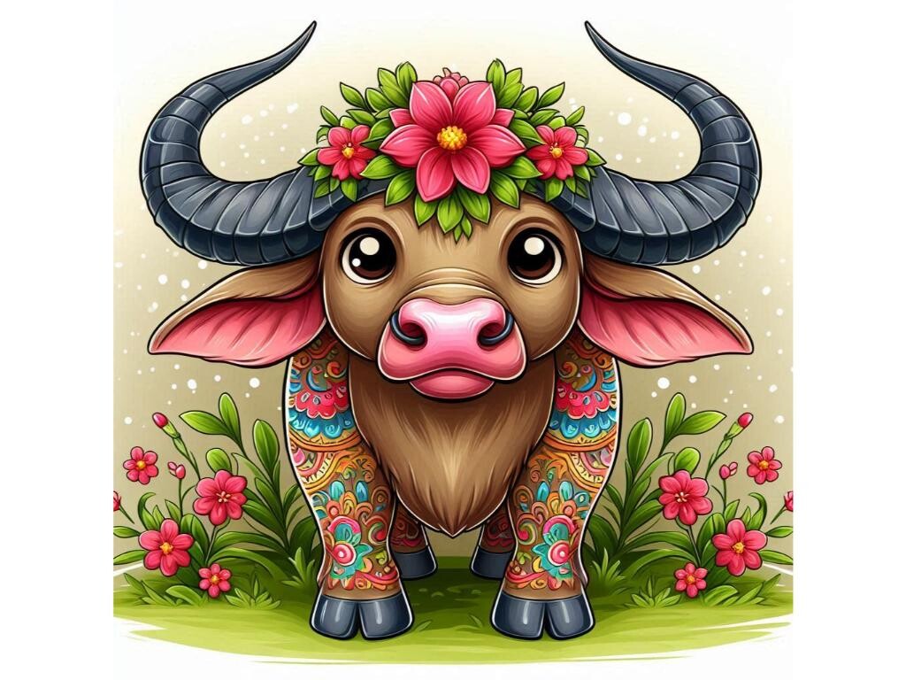 Oil Painting of a Buffalo with Floral De Free