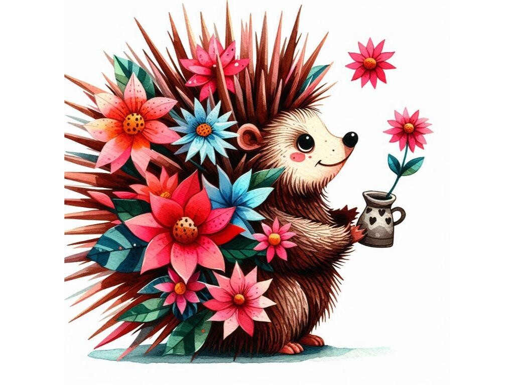 Watercolor Porcupine with Spikes Turning Free