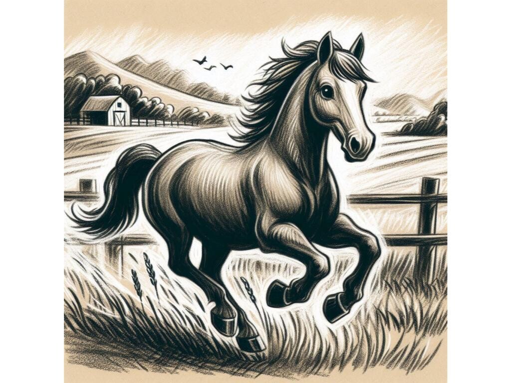 A Charcoal Drawing of a Horse Galloping Free