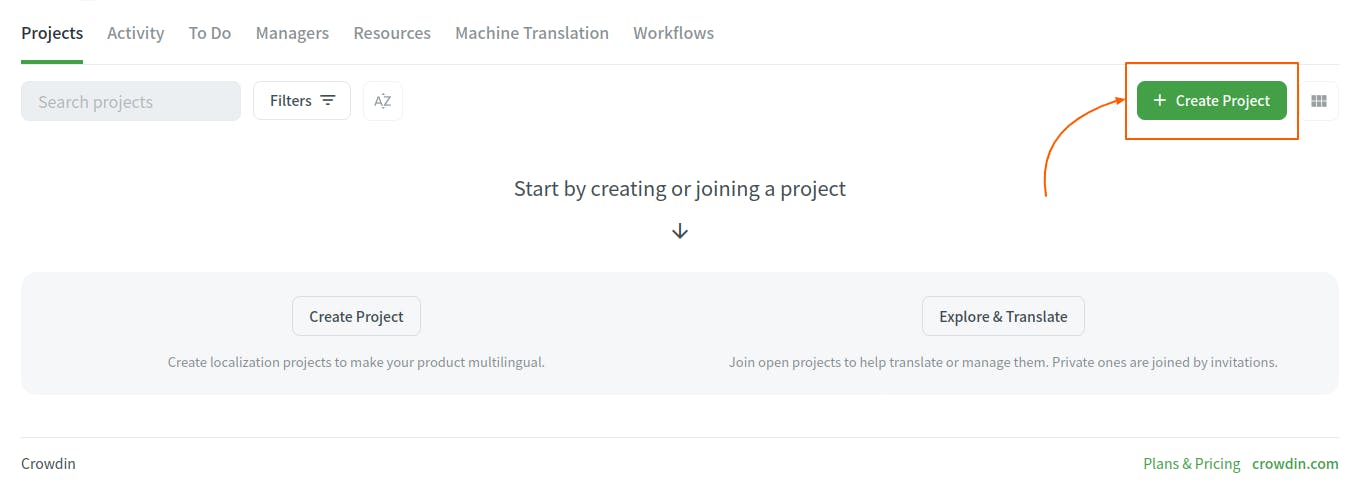 Screenshot of Crowdin interface with a "Create Project" button highlighted. There are options to search projects, apply filters, and create or explore projects.