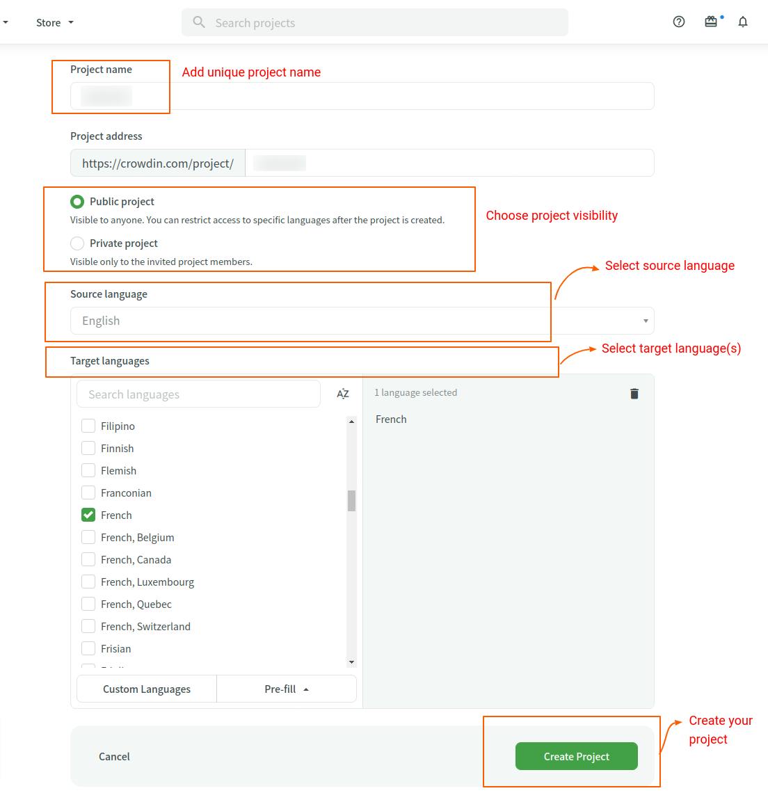 Screenshot of a project creation form on Crowdin. It includes fields for project name, project address, visibility options, source language selection, and target languages. Instructions indicate areas to add a unique project name, choose visibility, and select source and target languages, with a button to create the project.