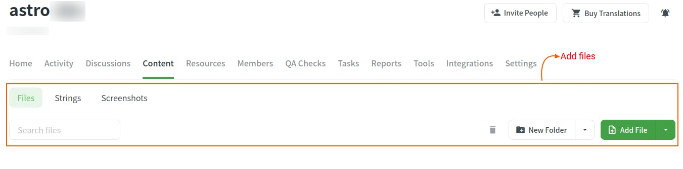 Screenshot of Crowdin file management interface labeled "astro," featuring options such as Files, Strings, and Screenshots. A search bar, "New Folder" button, and "Add File" button are visible. A note indicates where to add files.