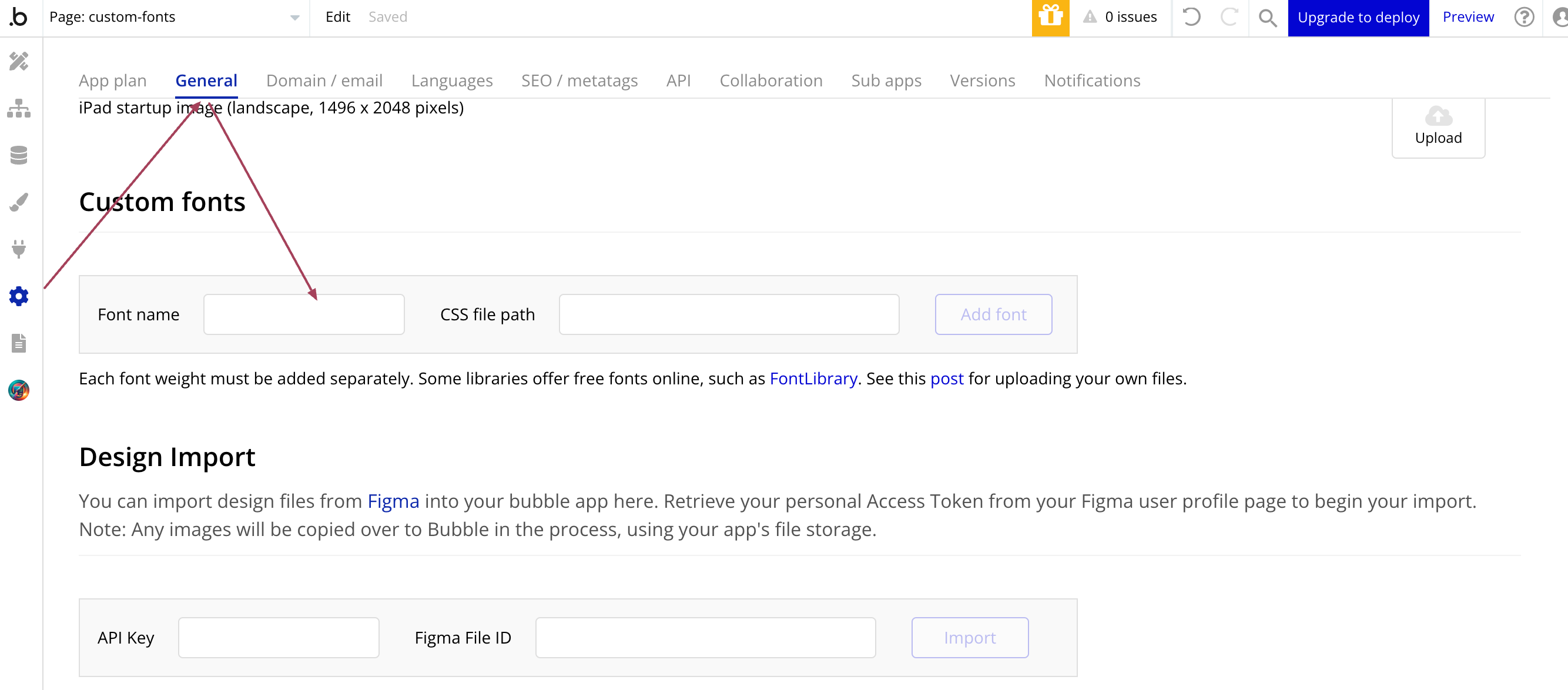 A web interface for customizing fonts and importing design files from Figma. Includes input fields for font name, CSS file path, and Figma API key, with guidance on uploading font files and design imports.