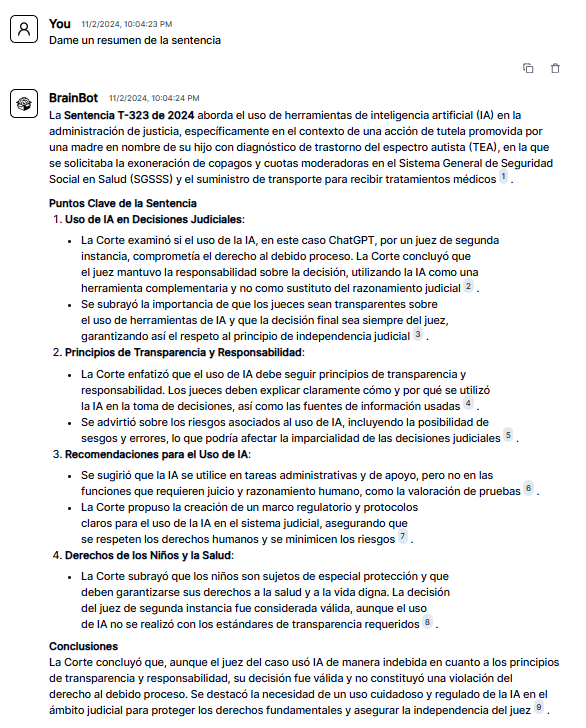 Captura de pantalla de BrainBox mostrando el resumen detallado de la Sentencia T-323 de 2024 sobre el uso de ChatGPT en decisiones judiciales, incluyendo puntos clave sobre transparencia, responsabilidad y derechos de los niños