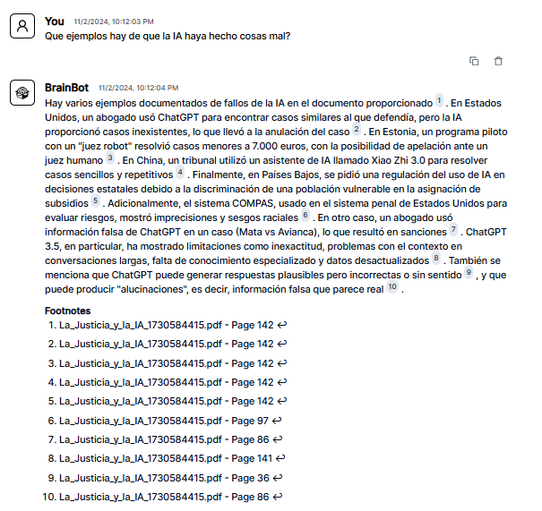 Interfaz de BrainBox explicando las inteligencias artificiales utilizadas en el caso judicial, destacando ChatGPT 3.5 y COMPAS, con notas al pie referenciando documentos legales