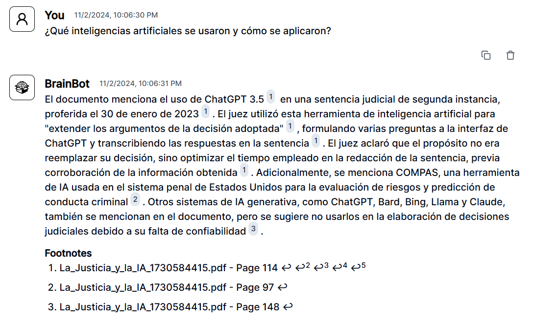 Conversación en BrainBox detallando el uso de ChatGPT 3.5 y otras IAs en el sistema judicial, con referencias específicas a la sentencia del 30 de enero de 2023