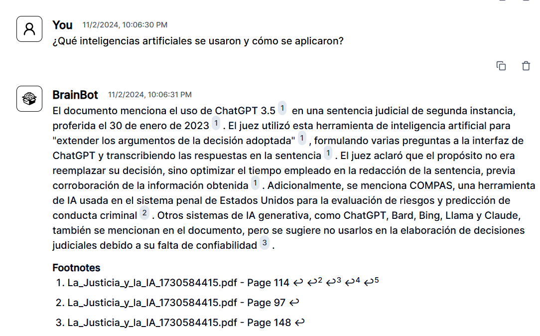 Interfaz de BrainBox explicando las inteligencias artificiales utilizadas en el caso judicial, destacando ChatGPT 3.5 y COMPAS, con notas al pie referenciando documentos legales