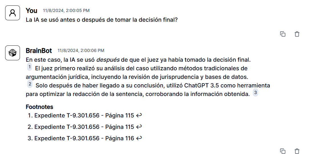 Interfaz de BrainBox explicando las inteligencias artificiales utilizadas en el caso judicial, destacando ChatGPT 3.5 y COMPAS, con notas al pie referenciando documentos legales