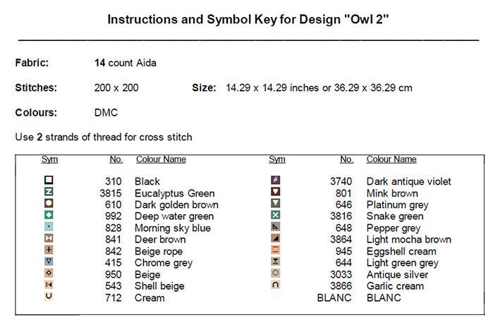 Owl Cross Stitch Sizes