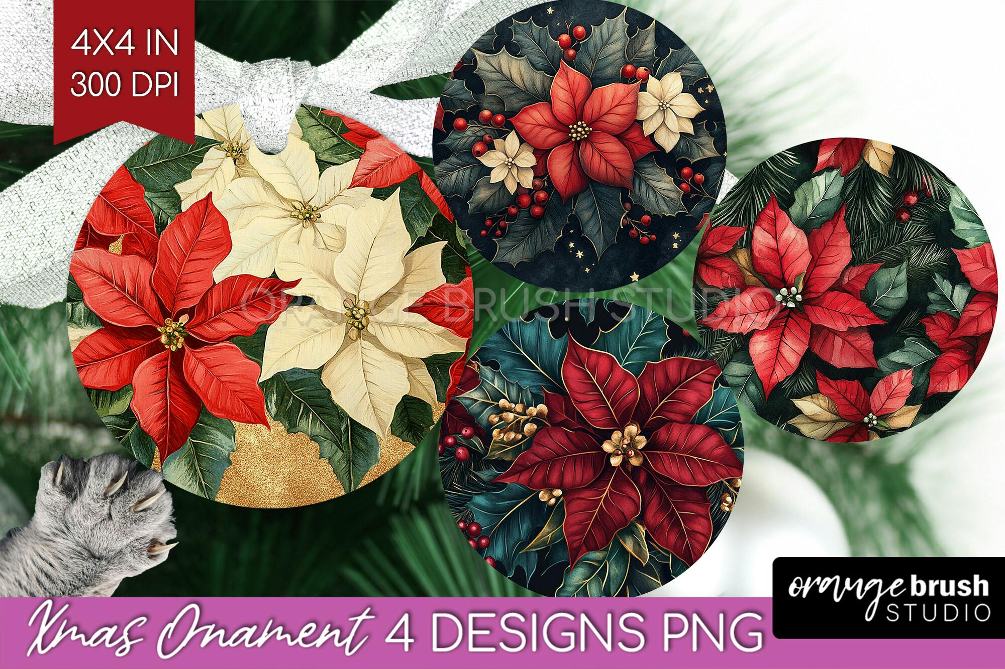 Poinsettia Christmas Ornament Sublimation Design