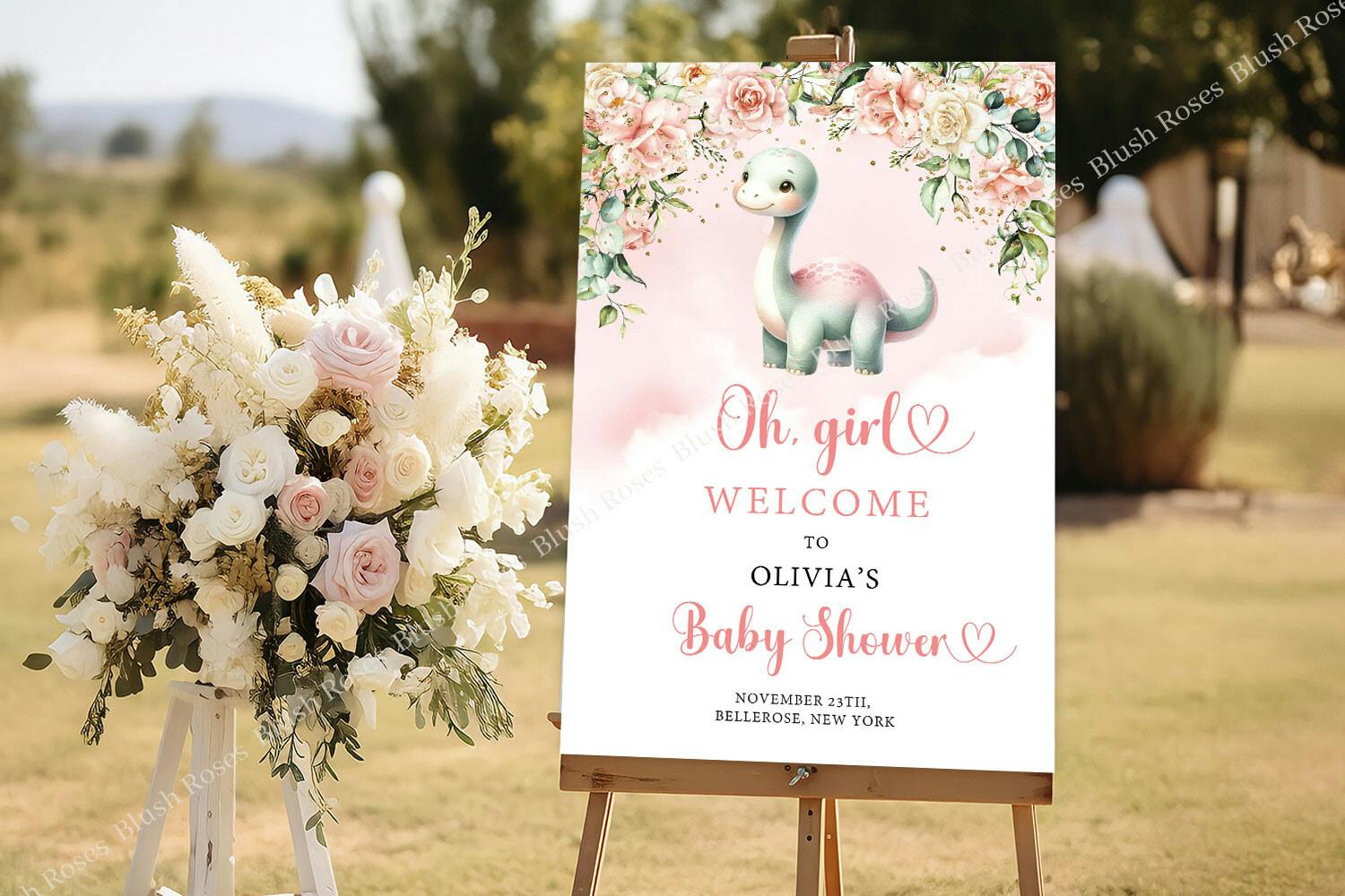 Baby Girl Dinosaur Blush Roses Welcome Sign Poster