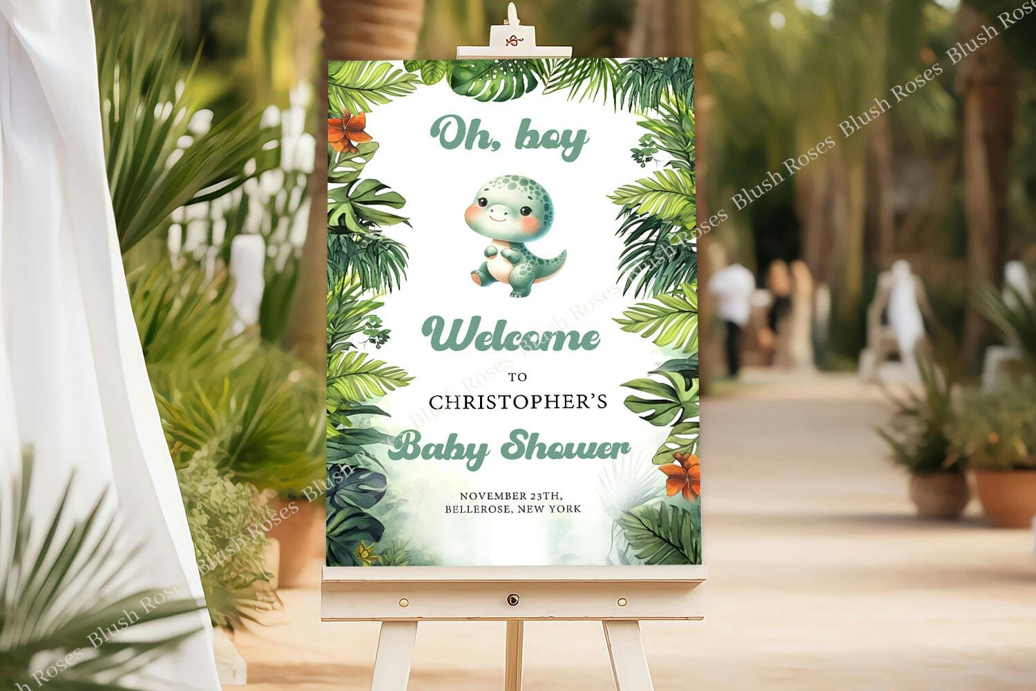 Cute Baby Dino Tropical Welcome Sign