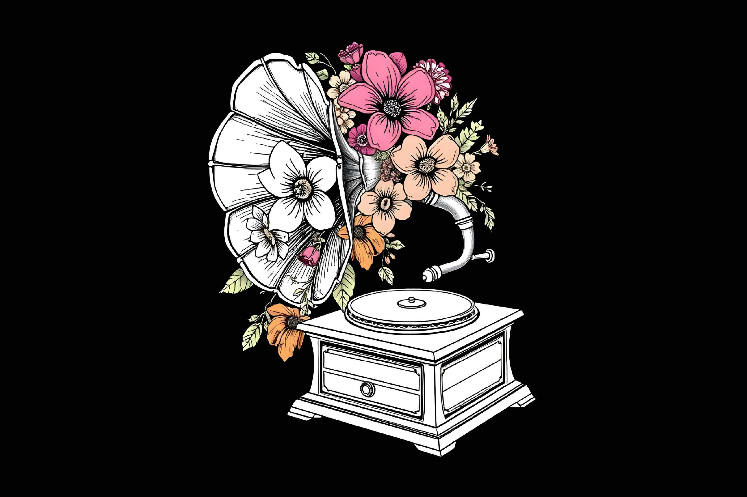 Floral Gramophone T-Shirt Design