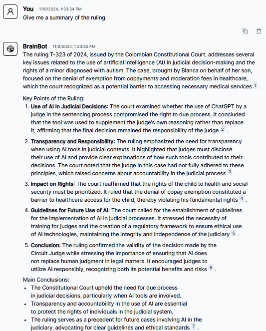 Screenshot of BrainBox explaining Ruling T-323 of 2024 by the Colombian Constitutional Court, detailing key points about AI use in judicial decisions and children's healthcare rights