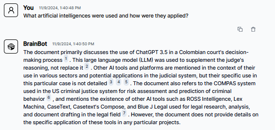 BrainBox interface showing ChatGPT 3.5's role in Colombian judicial decision-making and mentions of other AI tools like COMPASS