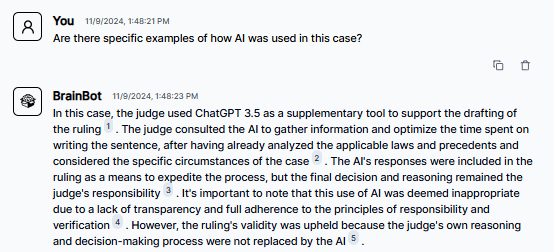 BrainBox conversation detailing specific examples of ChatGPT 3.5's use in drafting judicial opinions while maintaining human decision-making authority