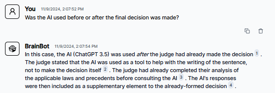 BrainBox explaining the sequential use of AI after human decision-making in the judicial process, emphasizing AI's supportive role