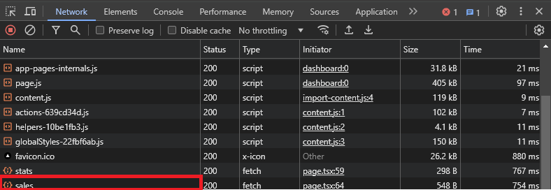 Showing sales endpoints from the network tab in Chrome developer tools