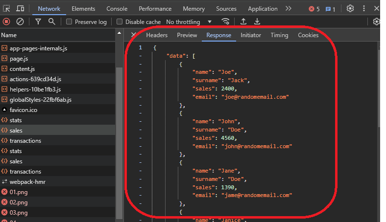 Showing the response of the API endpoint from network developer tools