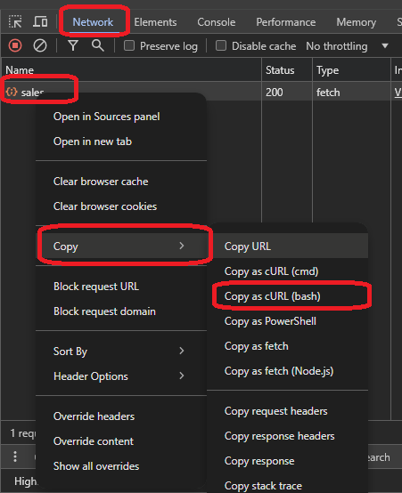 Screenshot from devtools showing how to copy as curl