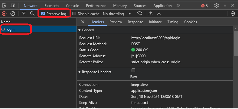 Showing the network tab from developer tools focusing on preserving log and the login endpoint