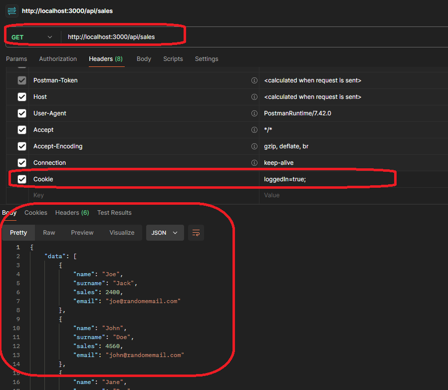 Postman screenshot focusing on headers, showing the cookie, status, and the data