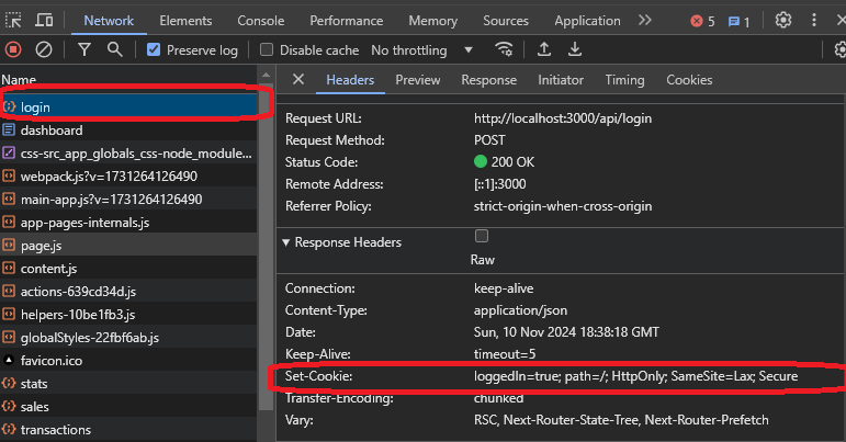 Showing the set-cookie response header from headers