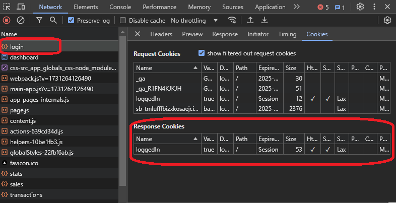 Showing the cookies header, focusing on the logged value