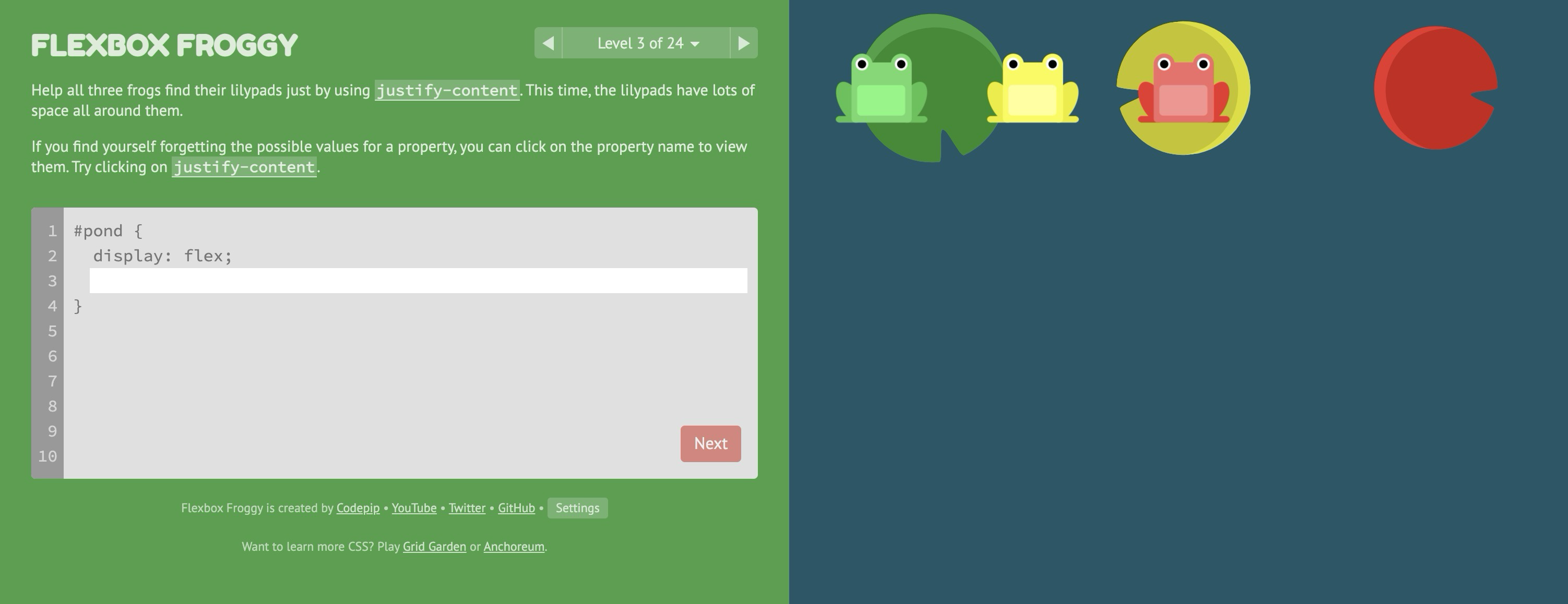 Screenshot of the "Flexbox Froggy" game level 3. Instructions on using "justify-content" are on the left, with a code editor showing . On the right, three colorful frogs and lilypads are displayed against a blue background.