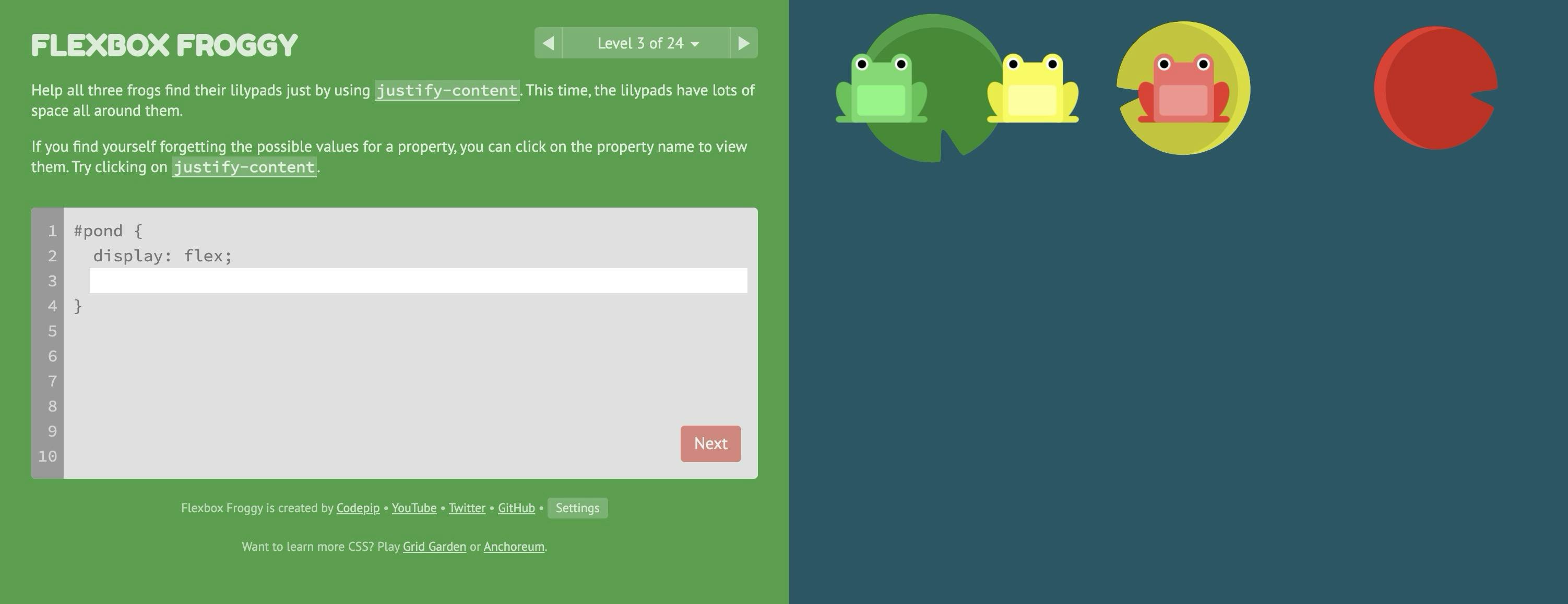 Screenshot of the "Flexbox Froggy" game level 3. Instructions on using "justify-content" are on the left, with a code editor showing . On the right, three colorful frogs and lilypads are displayed against a blue background.