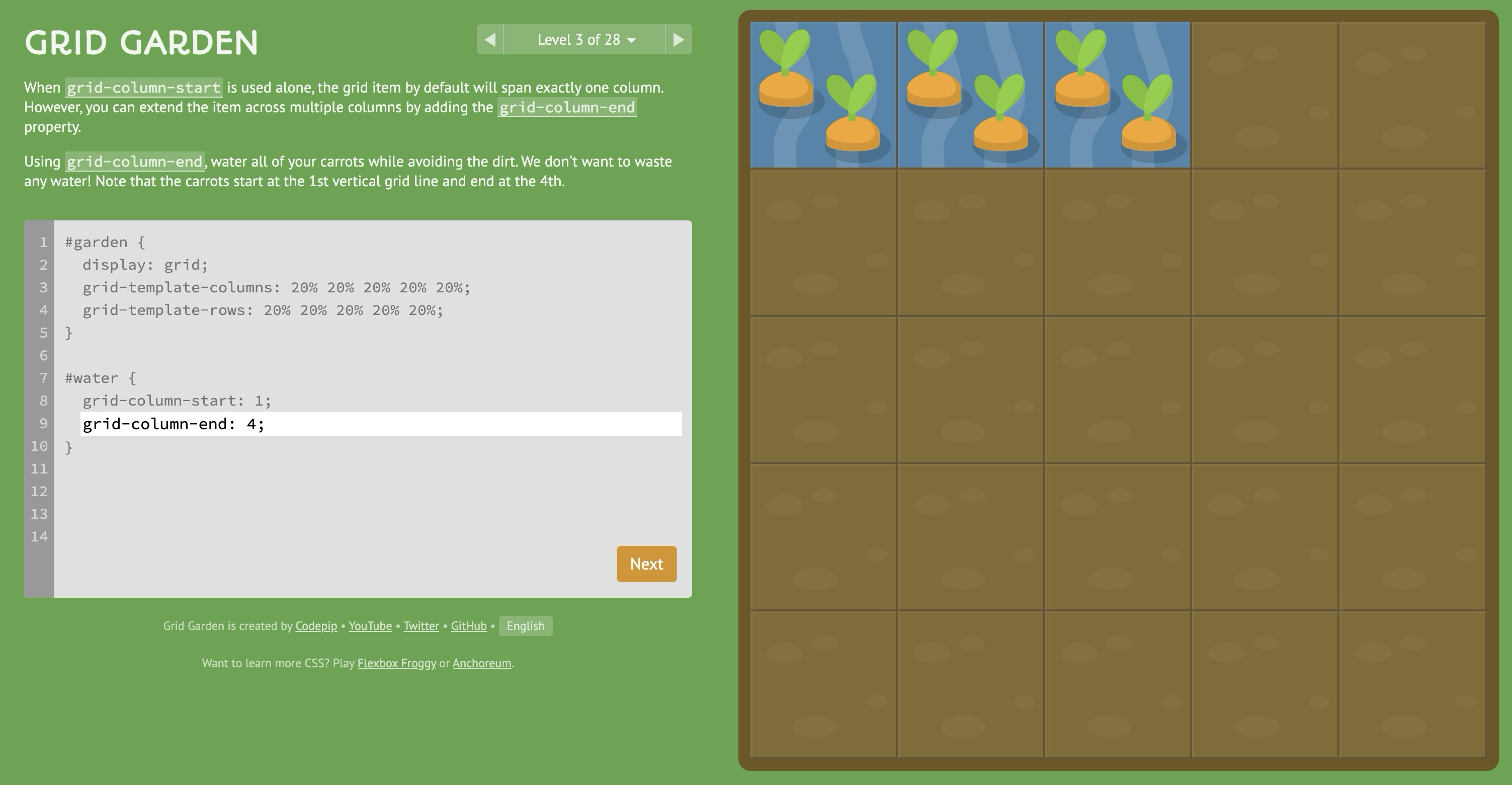 A screenshot from the Grid Garden game showing the instruction to use "grid-column-start" and "grid-column-end" to water carrots in a CSS grid. The code editor on the left displays a CSS code snippet. A 5x6 grid on the right shows water covering the first four columns on the first row, with carrots only in the first three columns.