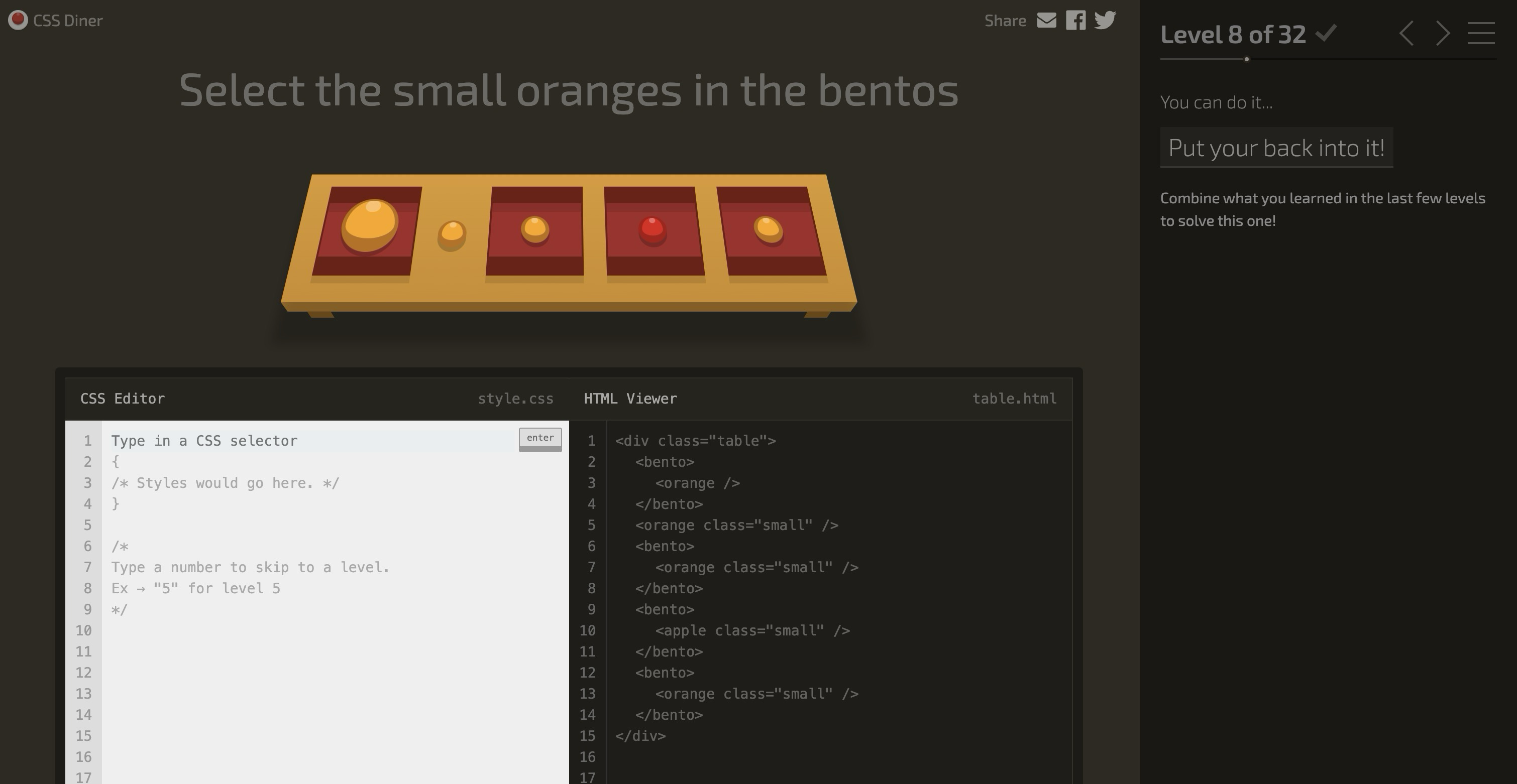 A CSS Diner game screen showing Level 8 of 32. The task is to "Select the small oranges in the bentos." The interface displays a bento tray with different food items and a CSS editor with accompanying HTML viewer code.