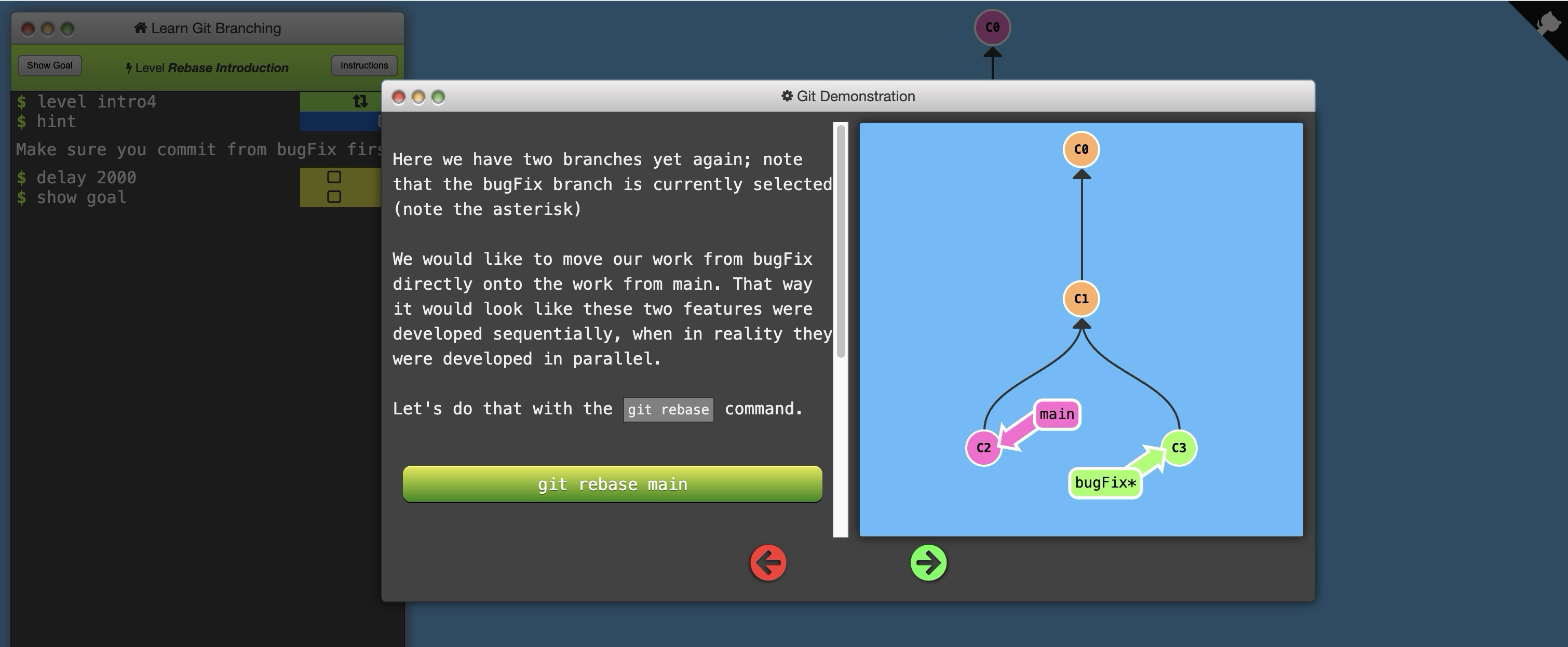 A screenshot of Learn Git Branching. It shows a window with written instructions and then a visual diagram next to it representing what a git merge looks like.