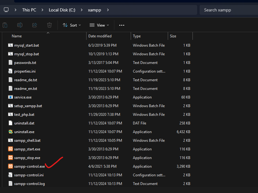 Find the "xampp-control.exe" file
