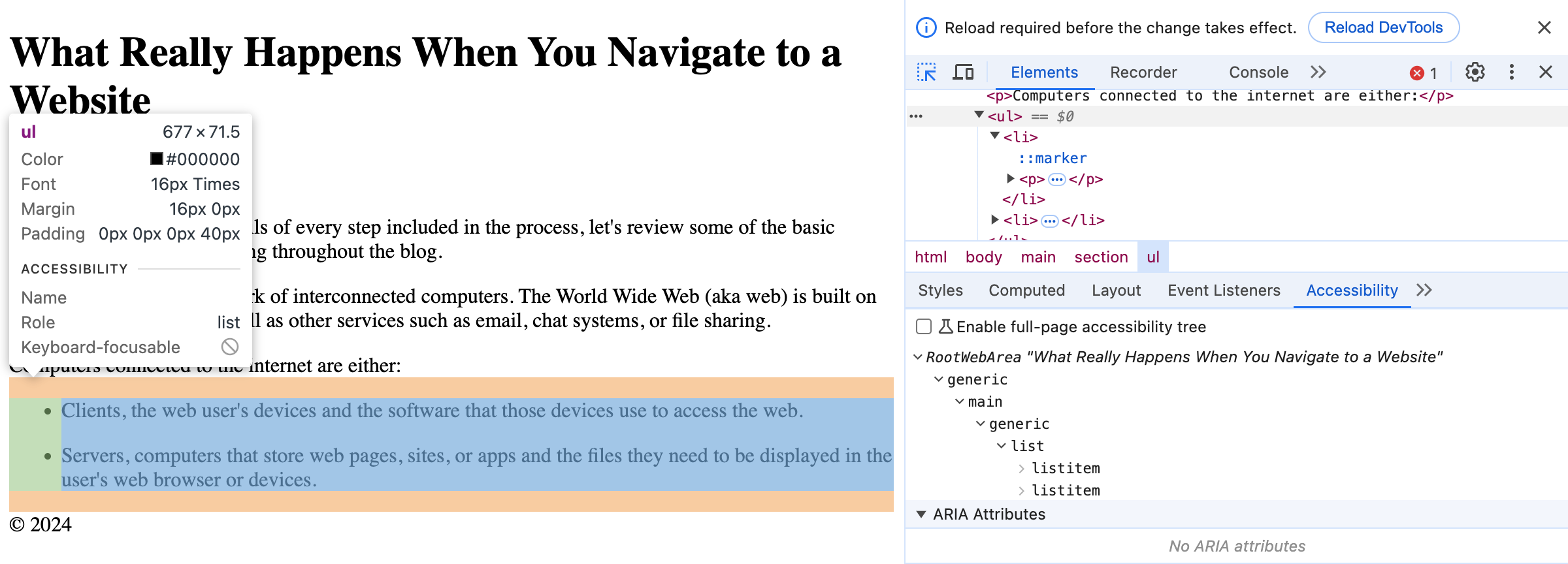 A unordered list selected and the accessibility tab in Chrome Dev Tools.