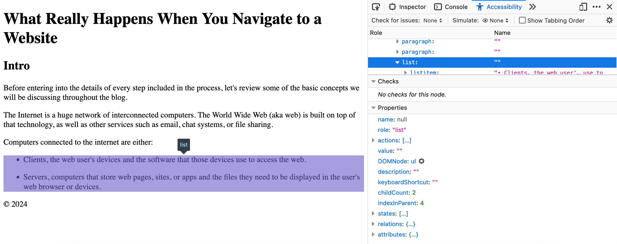 A unordered list selected and the accessibility tab in Firefox Dev Tools.