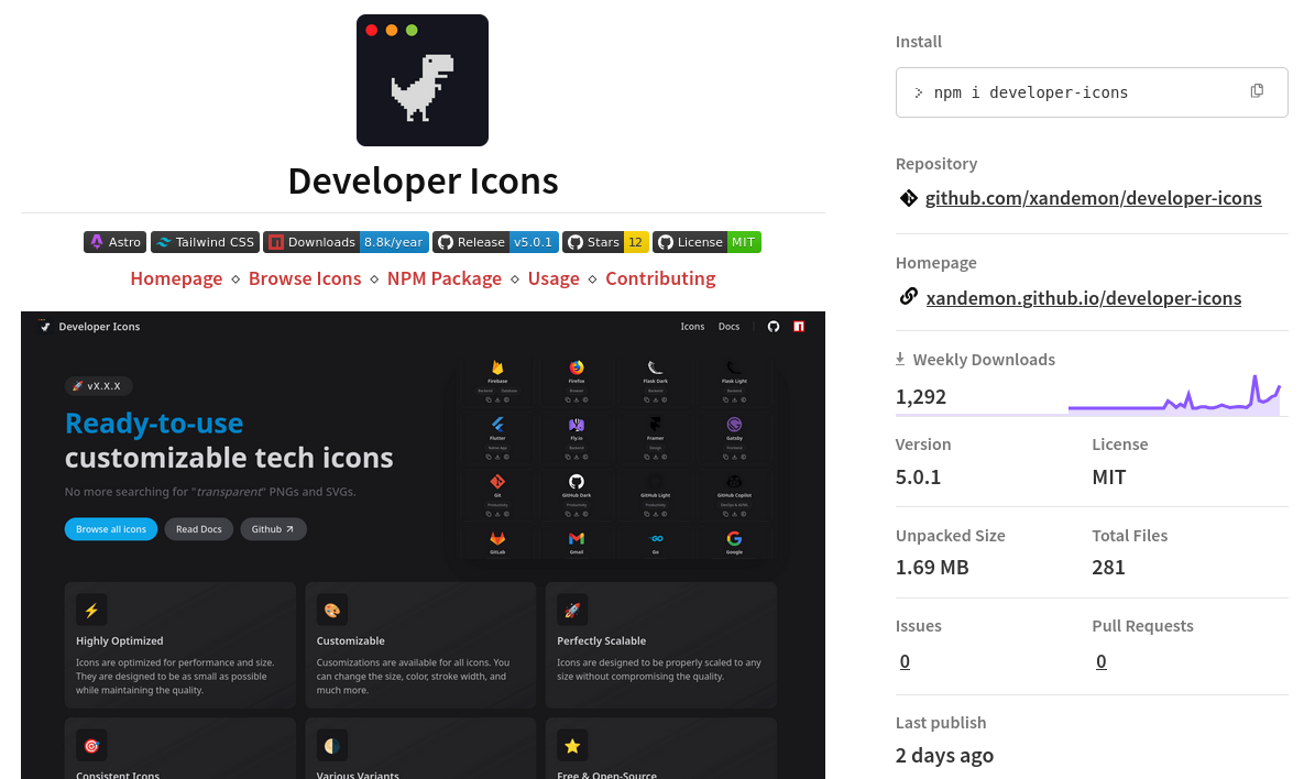 Screenshot of the "Developer Icons" webpage showcasing customizable tech icons. It includes a logo, download stats, version details, and links to the repository and homepage. Key features highlight usability, optimization, and scalability.