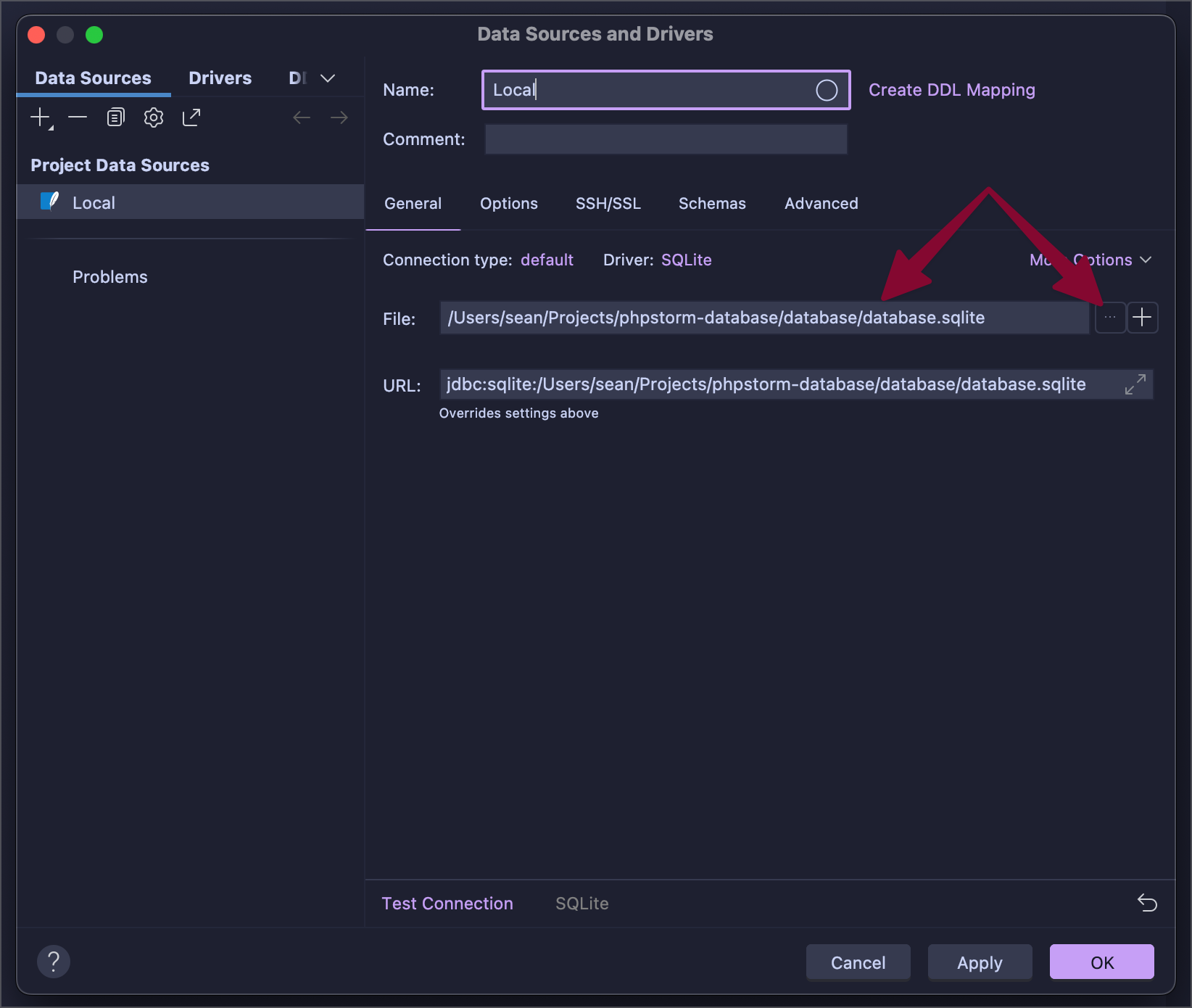 Connect SQLite File to PhpStorm