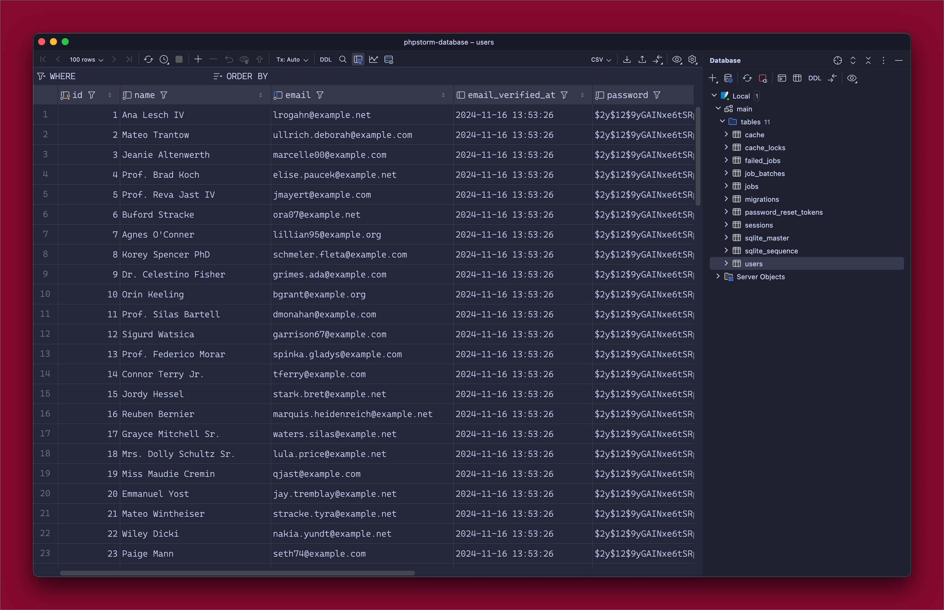 Users table in PhpStorm