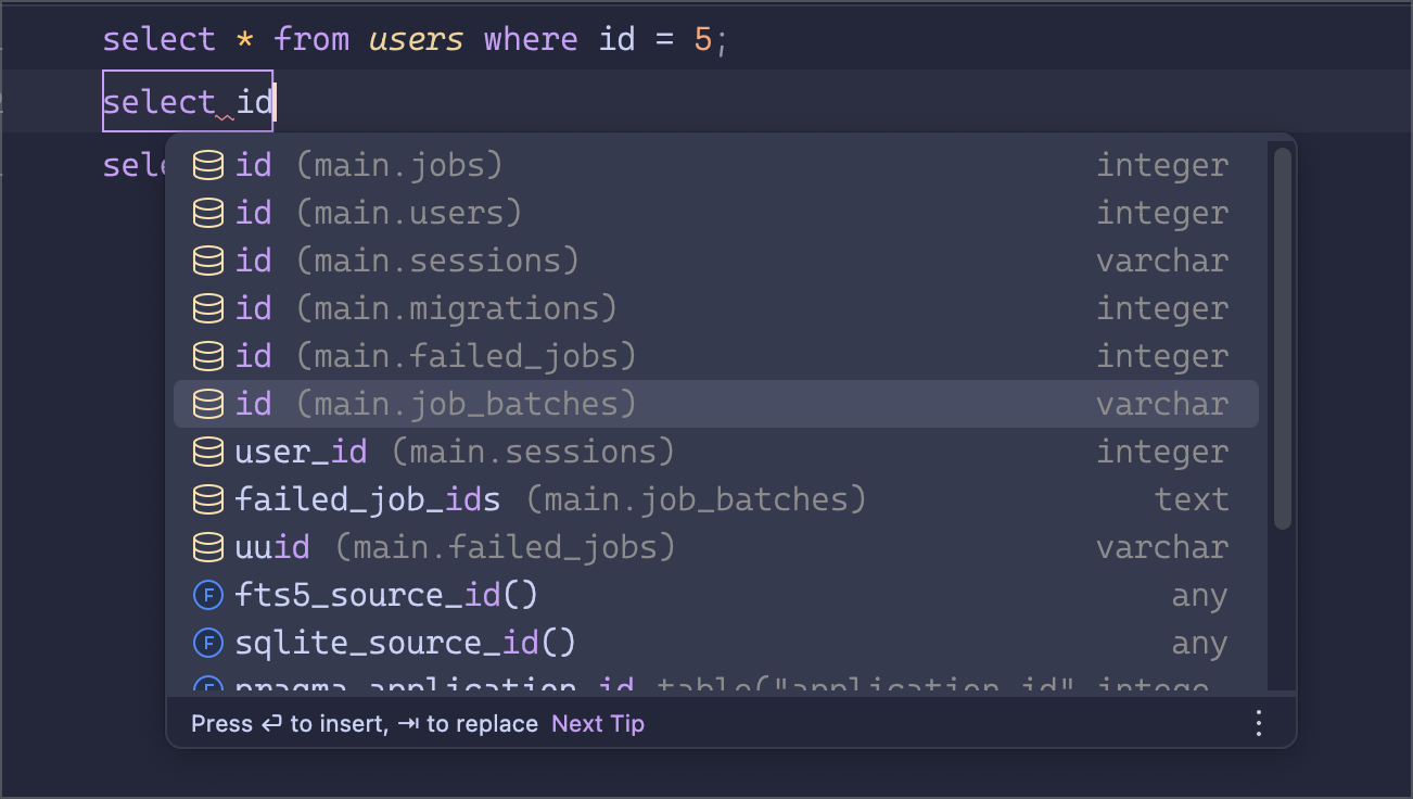 PhpStorm database console completion