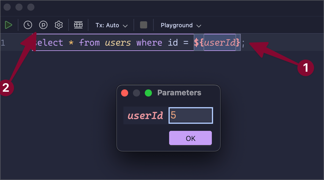 PhpStorm database console parameters